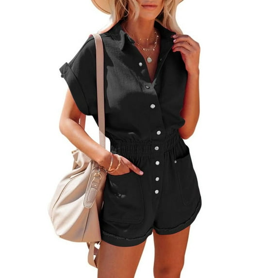 Chouyatou Women's Short Cuffed Sleeve Utility Rompers Elastic Waist Button Down Cotton Pocketed Jumpsuit(Black,S)