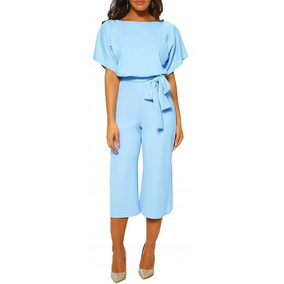 Chouyatou Women's Short Sleeve Bow Tie Wide Leg Cropped Capri Romper Palazzo Pants Jumpsuit