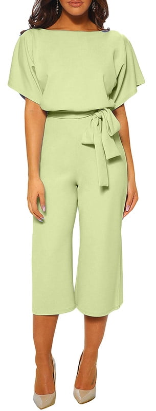 Chouyatou Women's Short Sleeve Bow Tie Wide Leg Cropped Capri Romper ...