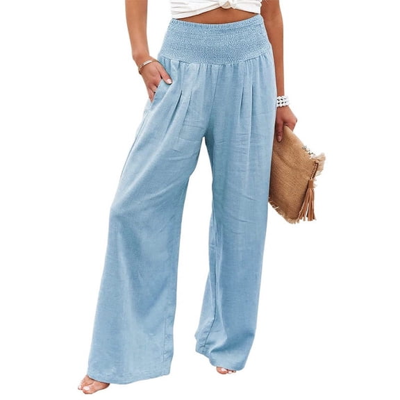 Chouyatou Women's Smocked Elastic High Waisted Cotton Linen Loose Fit Wide Leg Beach Trousers Pants Palazzo with Pockets Blue M