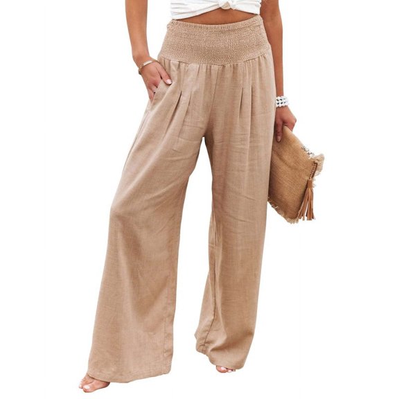Chouyatou Women's Smocked Elastic High Waisted Cotton Linen Loose Fit Wide Leg Beach Trousers Pants Palazzo with Pockets Khaki S