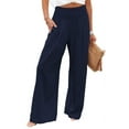 thumbnail image 1 of Chouyatou Women's Smocked Elastic High Waisted Cotton Linen Loose Fit Wide Leg Beach Trousers Pants Palazzo with Pockets Navy L, 1 of 2