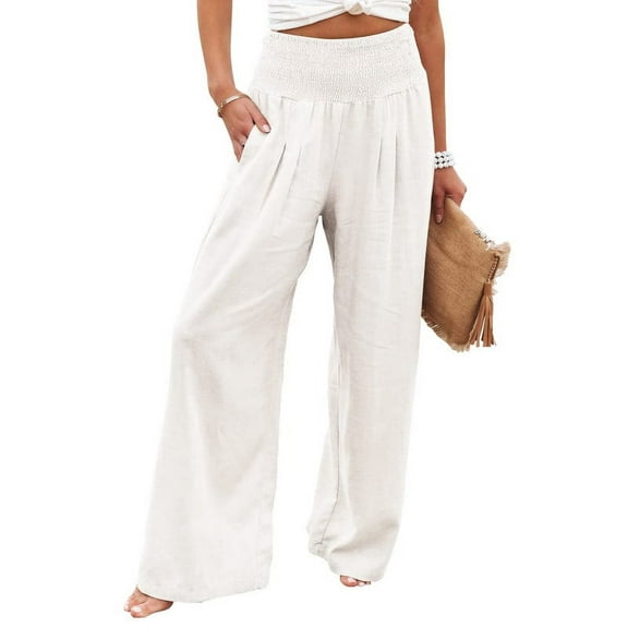 Chouyatou Women's Smocked Elastic High Waisted Cotton Linen Loose Fit Wide Leg Beach Trousers Pants Palazzo with Pockets White XL