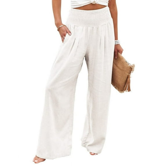 Chouyatou Women's Smocked Elastic High Waisted Cotton Linen Loose Fit Wide Leg Beach Trousers Pants Palazzo with Pockets White XXL