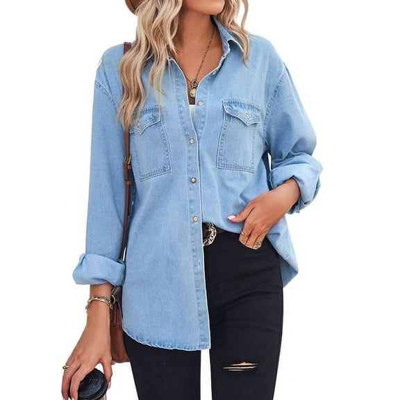 Chouyatou Women's Spring Long Sleeve Denim Jean Shirts Button Down Shirt Business Casual Tops
