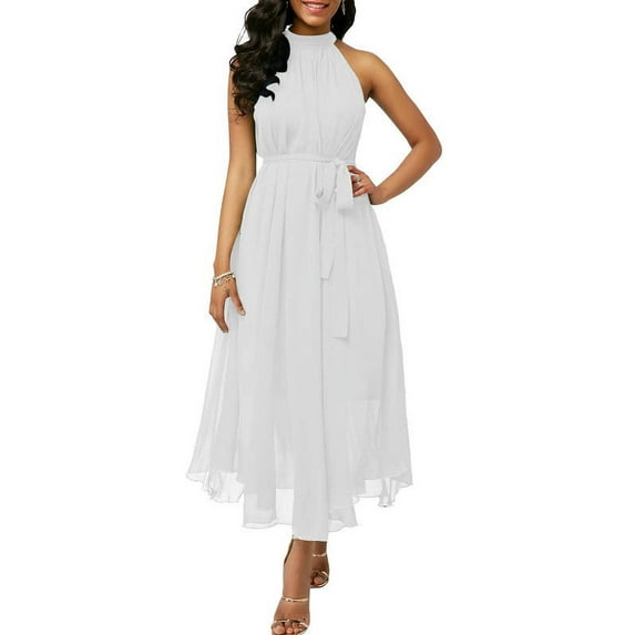Chouyatou Women's Summer Halter Neck Sleeveless Party Beach Maxi Chiffon Dress