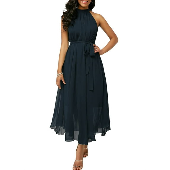 Chouyatou Women's Summer Halter Neck Sleeveless Party Beach Maxi Chiffon Dress