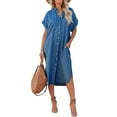 thumbnail image 1 of Chouyatou Women's Summer Loose Hand Pocket Midi Long Tunic Denim Shirt Dress, 1 of 3