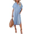 thumbnail image 1 of Chouyatou Women's Summer Loose Hand Pocket Midi Long Tunic Denim Shirt Dress, 1 of 6