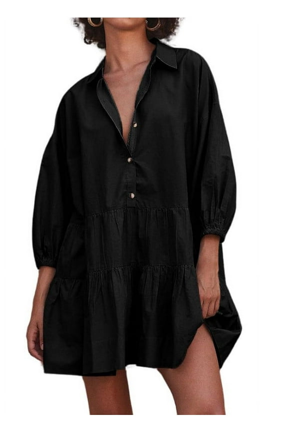 Women's Summer Puff Sleeve Tiered Tunic Babydoll Dress Cute Mini Button Down Shirt Dress