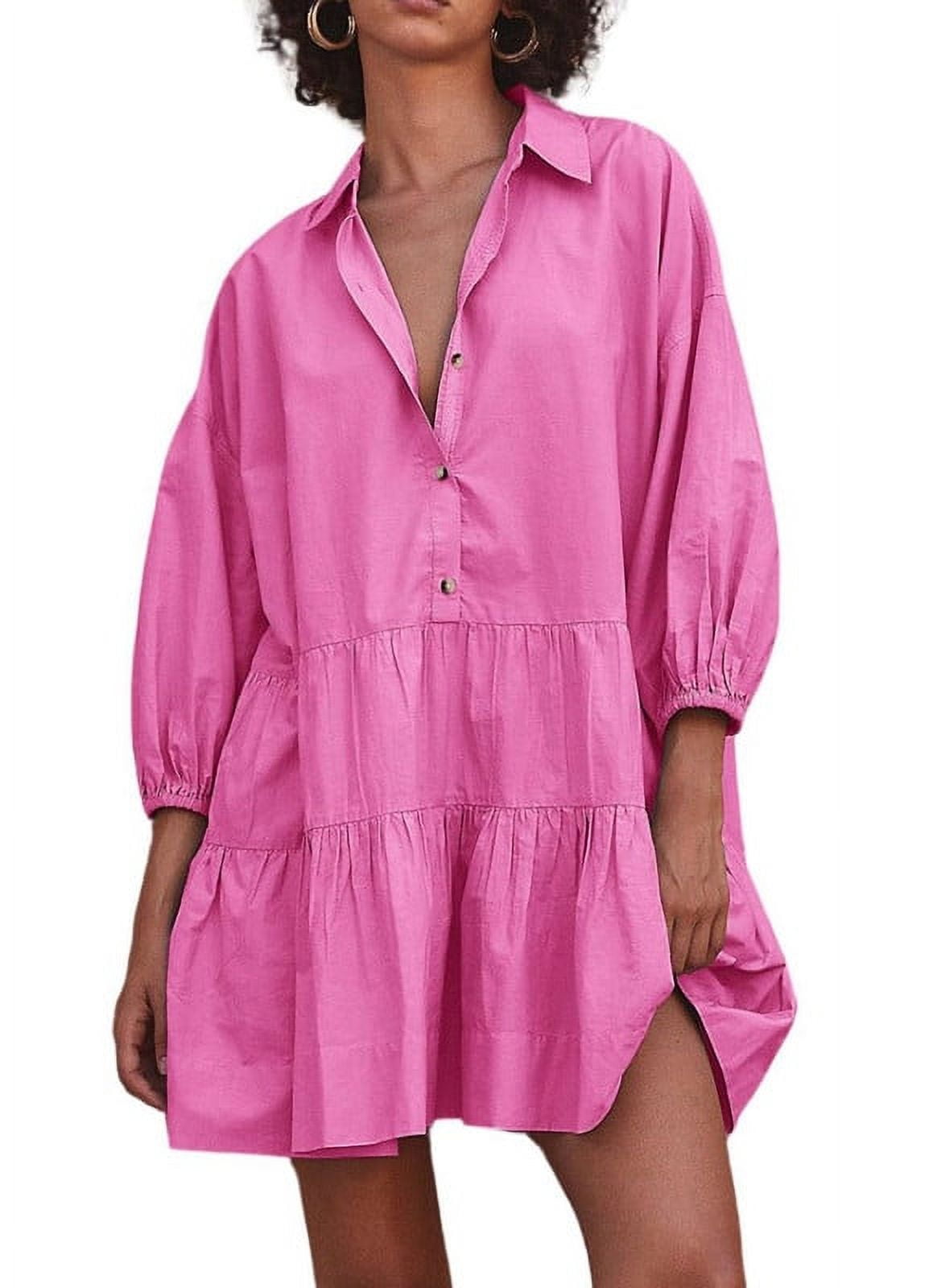Chouyatou Women's Summer Puff Sleeve Tiered Tunic Babydoll Dress Cute Mini  Button Down Shirt Dress - Walmart Business Supplies