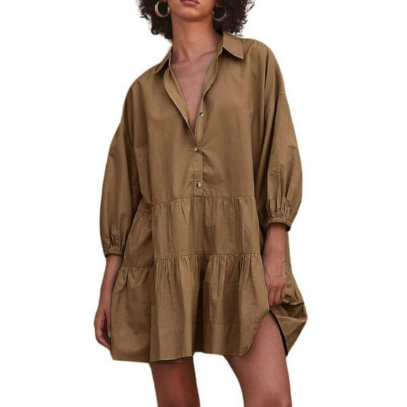 Chouyatou Women's Summer Puff Sleeve Tiered Tunic Babydoll Dress Cute Mini Button Down Shirt Dress