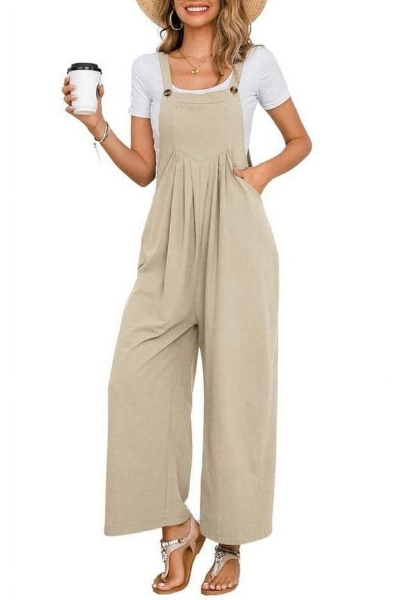 Women's Summer Wide Leg Bib Linen Overalls Palazzo Pants Casual Linen Jumpsuits(Khaki,XXL)