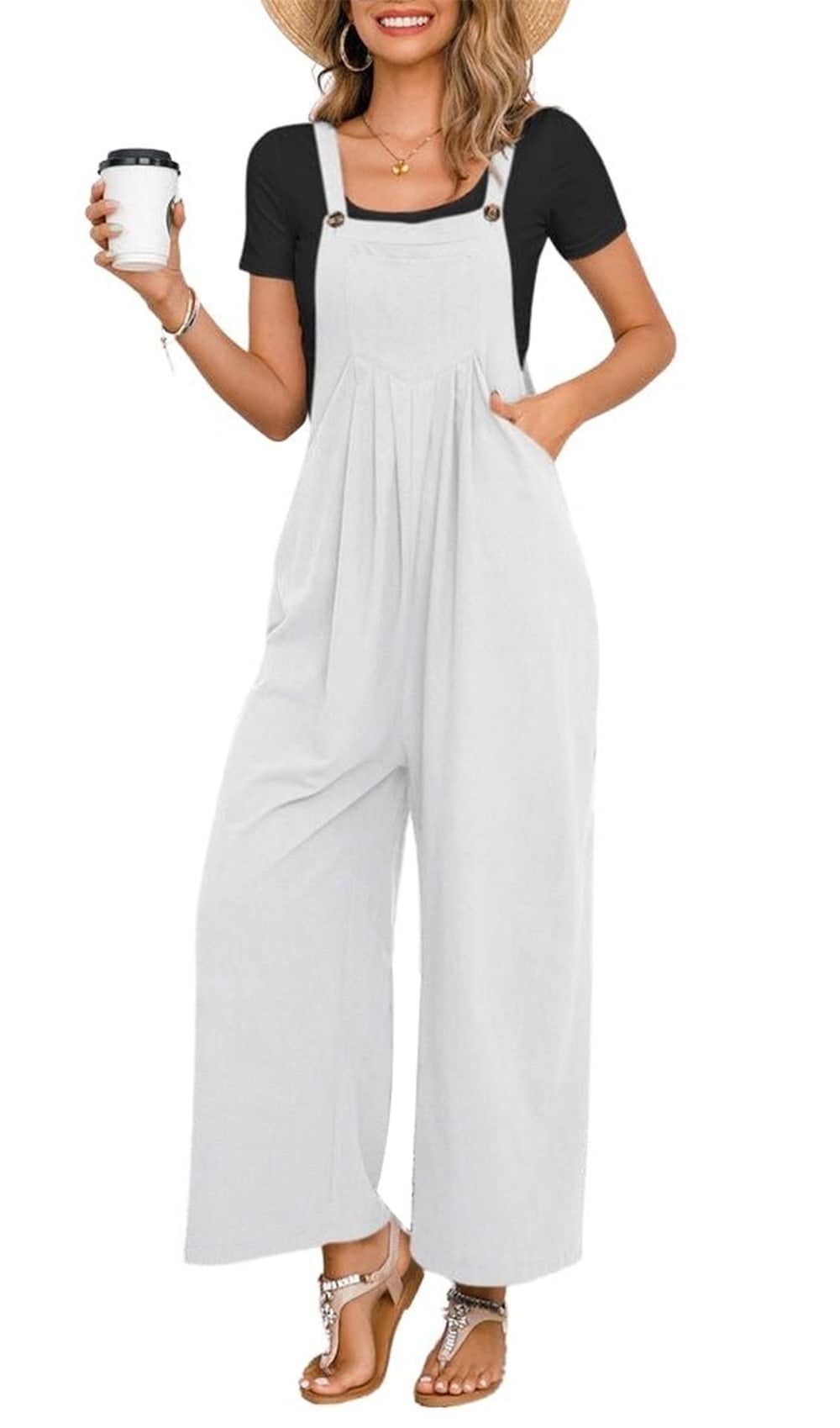 Chouyatou Women's Summer Wide Leg Bib Linen Overalls Palazzo Pants ...