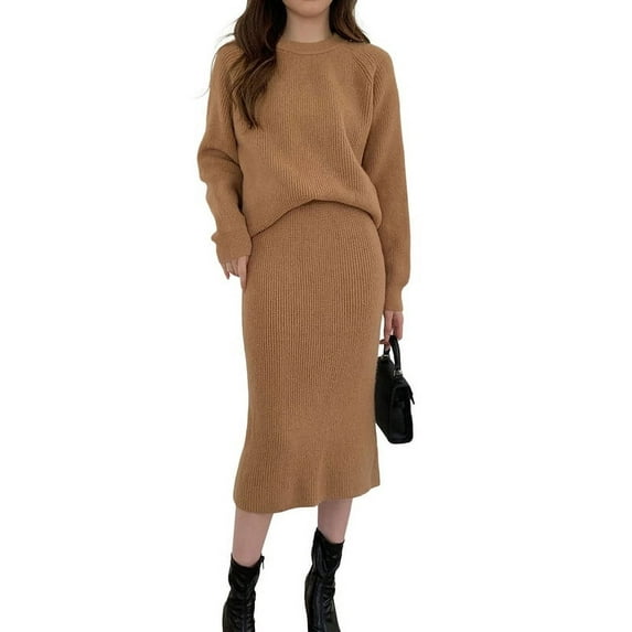Chouyatou Women's Two Piece Sweater Skirt Sets Knit Sweater Top Bodycon Skirt 2 Piece Outfits
