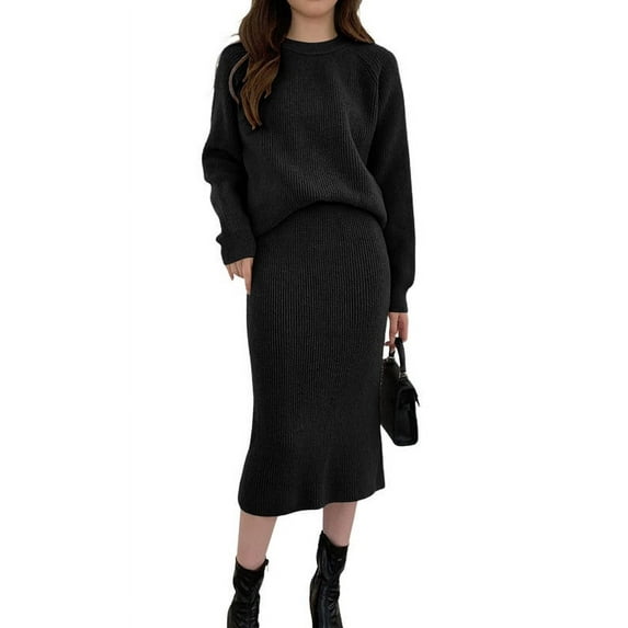 Chouyatou Women's Two Piece Sweater Skirt Sets Knit Sweater Top Bodycon Skirt 2 Piece Outfits