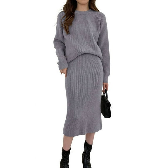 Chouyatou Women's Two Piece Sweater Skirt Sets Knit Sweater Top Bodycon Skirt 2 Piece Outfits