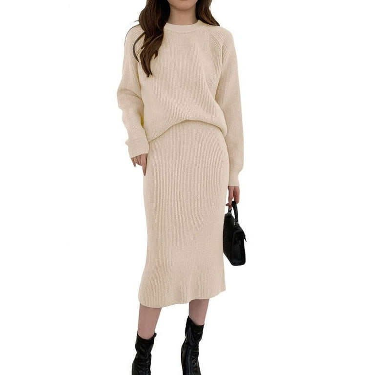 Chouyatou Women s Two Piece Sweater Skirt Sets Knit Sweater Top Bodycon Skirt 2 Piece Outfits Walmart