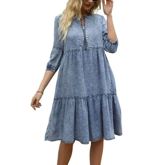 Chouyatou Women's Vintage Washed Loose Fit 3/4 Sleeve Tiered Babydoll Mini Denim Jean Dress