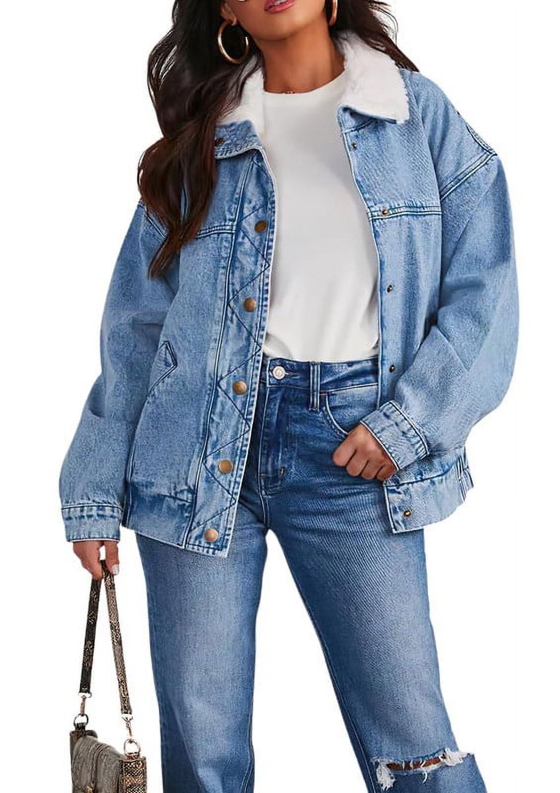 Chouyatou Women's Warm Sherpa Collar Denim Jacket Faux Fur Collar Denim Coat Trucker Jacket