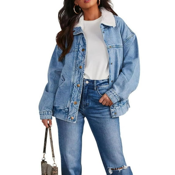 Chouyatou Women's Warm Sherpa Collar Denim Jacket Faux Fur Collar Denim Coat Trucker Jacket