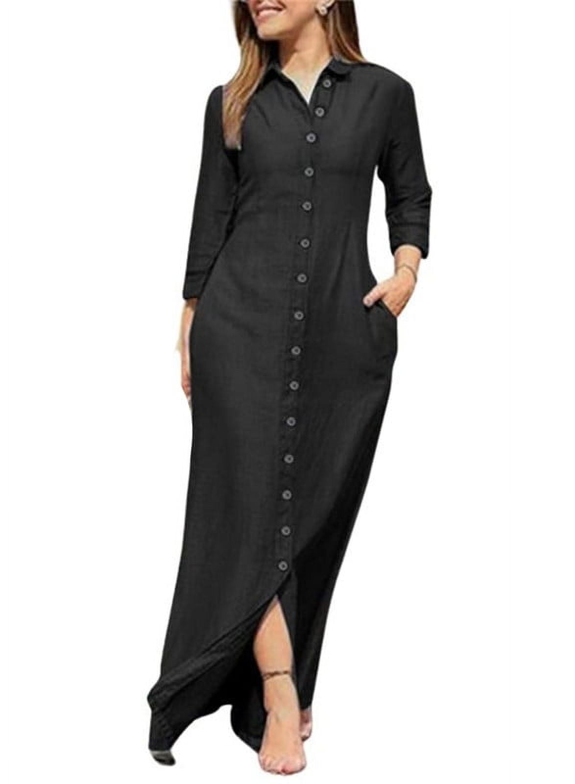 Chouyatou Womens Casual Button Down Denim Maxi Dress Lapel Long Sleeve ...