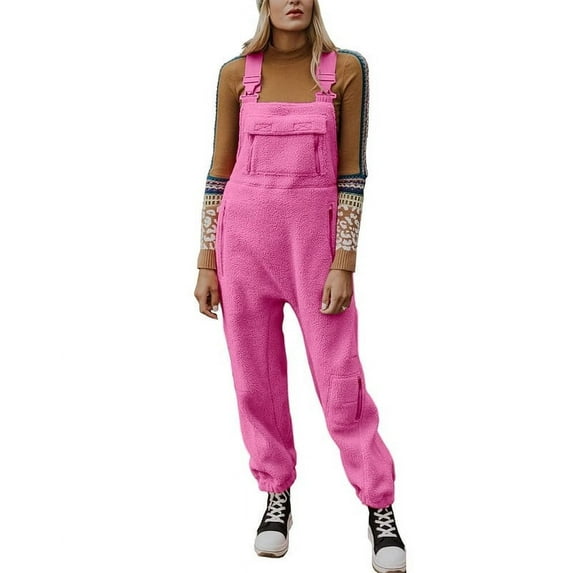 Chouyatou Womens Fuzzy Fleece Overall Jumpsuits Casual Loose Fit Winter Sherpa Bib Overalls with Pockets