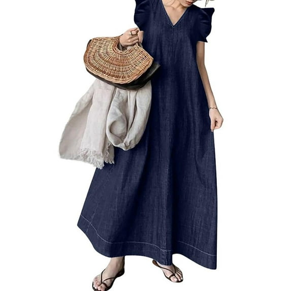 Chouyatou Womens Long Denim Dress Casual Loose Fit Ruffle Sleeveless V-Neck Jean Maxi Dresses