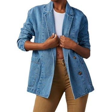 Chouyatou Womens Long Sleeve Jean Jacket Casual Loose Fit Notched Collar Button Down Denim
