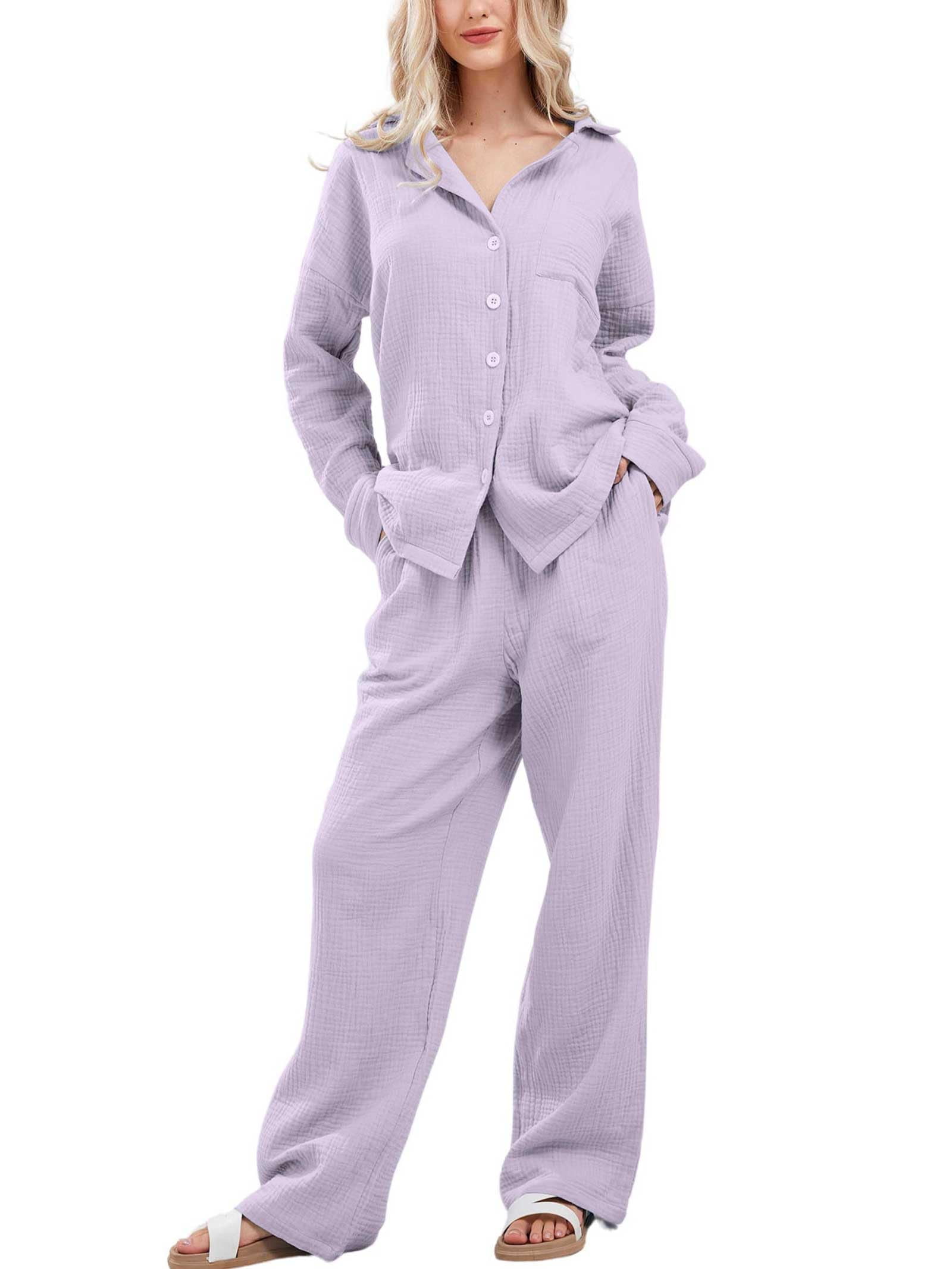 Chouyatou Womens Muslin Pajama Set Cotton Gauze Loungewear 3 Piece Long Sleeve Button Down Sleepwear Ruffle Pj Set