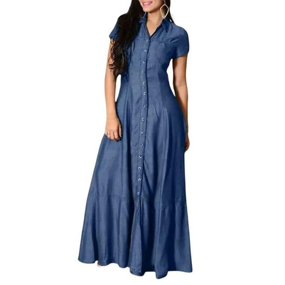 Chouyatou Womens Short Sleeve Denim Maxi Dress Casual Loose Fit Button Down Long Jean Dresses