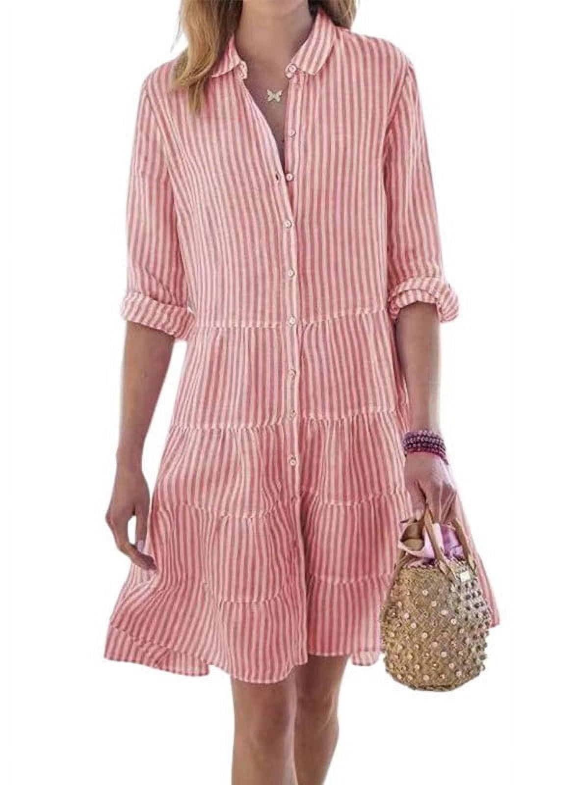 Chouyatou Womens Striped Button Down Midi Shirt Dress Casual Loose