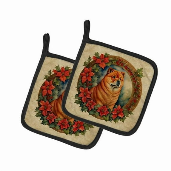 Chow Chow Christmas Flowers Pair of Pot Holders 7.5 in x 7.5 in
