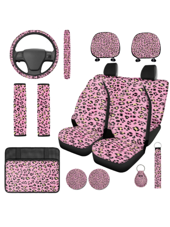 14-Piece Pink Leopard Car Seat Cover Set, Anti Abrasion Smooth Fabric Car Interior Accessory Kit, Suitable for Trucks Vans Cars