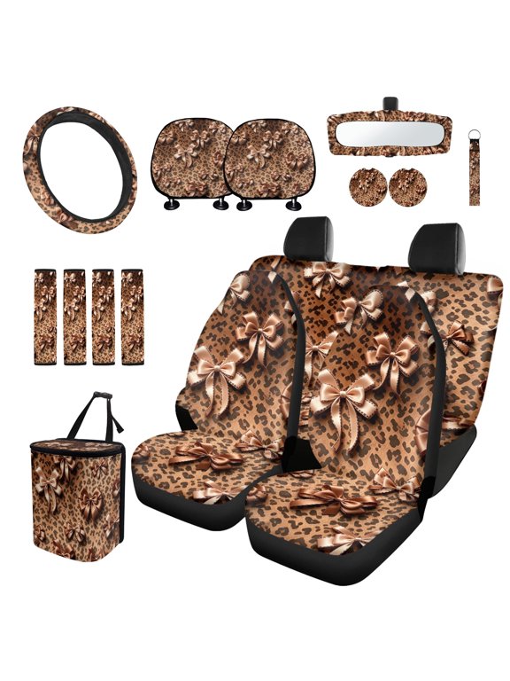 16 Pcs Car Seat Cover Set, with Comfy Steering Wheel Cover, Leopard Bow Theme Auto Cup Holder Mat Suitable for Casual Van