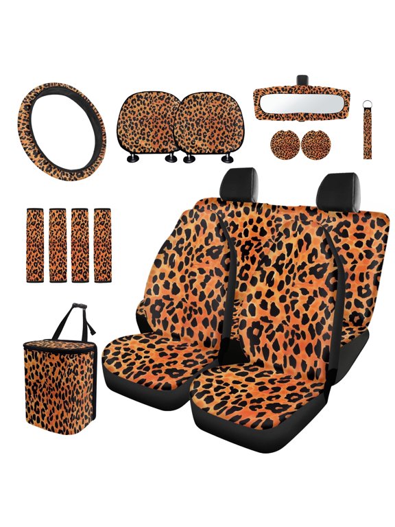 16PCS Car Seat Cover Full Set, with Comfy Steering Wheel Cover, Leopard Theme Car Coasters, Suitable for Daily Van and Auto Interior