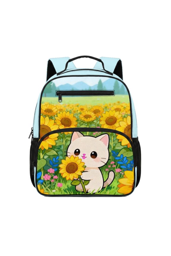 2 Front Pockets Toddler Backpack for Outdoor School, Polyester Durable Preschool Toddler Backpack, Cat Sunflower Field Print