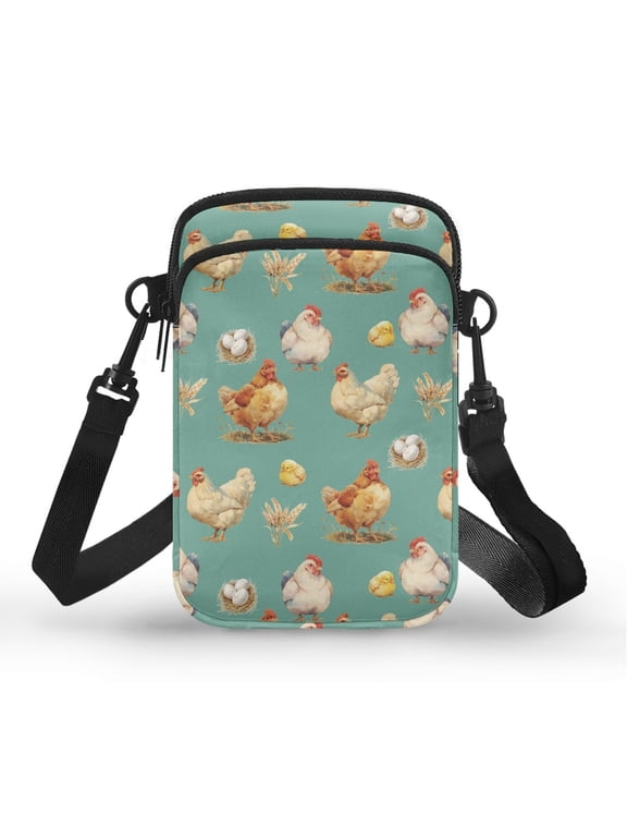 2 Layer Crossbody Bag for Travel Shop, Polyester Portable Cell Phone Purse, Watercolor Chicken Pattern