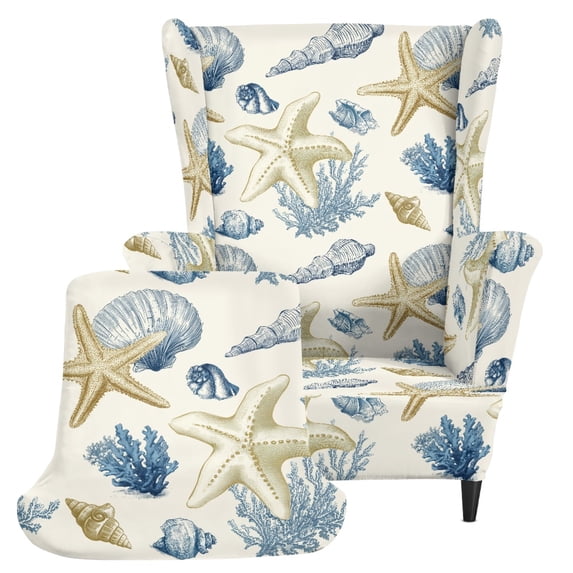 Chririnla 2 Piece Stretch Wingback Chair Slipcover, Coastal Marine Print Spandex Fabric Stain Resistant Single-Seat Wingback Armchair Covers for Bedroom Indoor