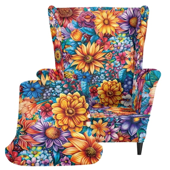 Chririnla 2 Piece Stretch Wingback Chair Slipcover, Vibrant Floral Print Spandex Elastic Bottom Wingback Chair Cover for Living Room Bedroom