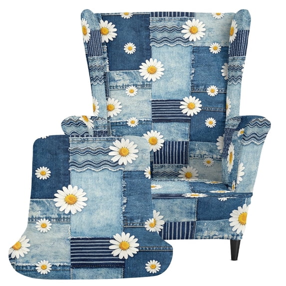 Chririnla 2 Piece Washable Armchair Sofa Slipcover, Denim Patchwork Spandex Stretch Wingback Chair Slipcover for Living Room Home