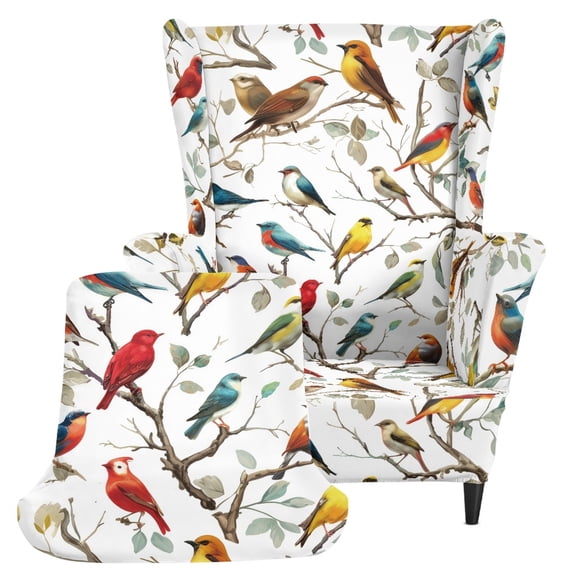 Chririnla 2 Piece Washable Single-Seat Wingback Armchair Covers, Blue & White Floral Bird Branch Pattern Stretch Polyester Non-slip Wingback Chair Cover for Living Room Bedroom