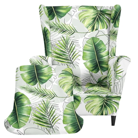 Chririnla 2 Pieces Elastic Bottom Wingback Chair Cover, Tropical Leaves Spandex Scratch-resistant Wingback Chair Slipcover for Living Room Home