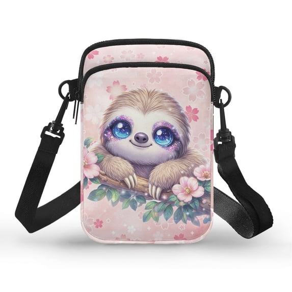 Chririnla 2 Zippers Cell Phone Purse for Yoga Travel, Polyester Lightweight Cross Body Phone Purse, Cute Sloth Floral Print