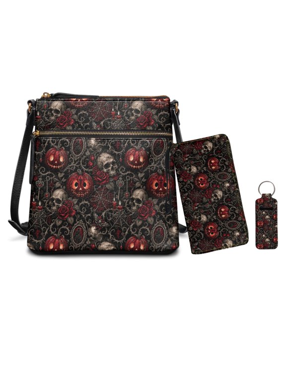 3 Piece Crossbody Satchel and Wallet Set for Women, with Lip Balm Holder Sleeve, Multi Pockets, Adjustable Strap for Travel and Work, Gothic Halloween Pattern