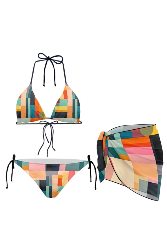 3Pieces Women’s Halter Bikini Set Color Block Print Swimsuit and Sarong Beach Cover Up Skirt for Women Sexy Swimwear for Summer Beach