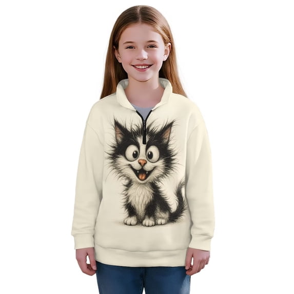 Chririnla Abstract Funny Cat Pattern Girls Basketball Sweatshirt Half Zip Pullover Sweatshirts Athletic Sportswear Top for Team Gym Sports Practice Size 5-6