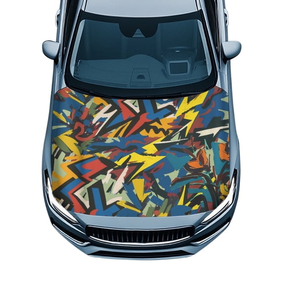 Chririnla Abstract Graffiti Geometric Car Hood Cover - Weatherproof Stretch Fabric - Universal Fit for Sedans, Trucks & SUVs - Auto Exterior Decor & Protector