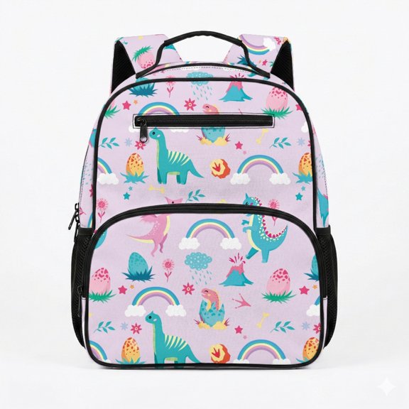 Chririnla Adjustable Padded Straps Book Bag for Kindergarten Travel, Polyester Fabric Multi-Pocket Design Preschool Toddler Backpack, Dino Rainbow Pattern
