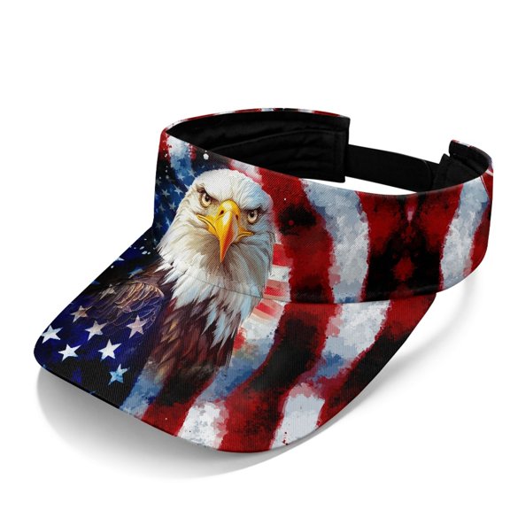 Chririnla Adjustable Polyester Fabric Open Top Sun Visor for Running, UV Protection Lightweight UV Protected Open Top Visors, US Flag Eagle Head Print